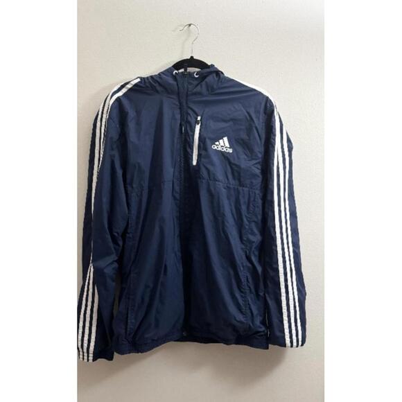 Adidas Men's Navy Blue Windbreaker Jacket with Hood Size Large